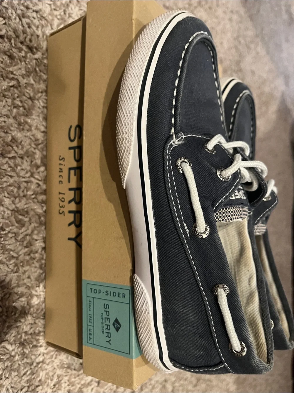 Sperry Boys Kids Youth Sperry Top Sider Halyard Brown Navy Blue Canvas Boat